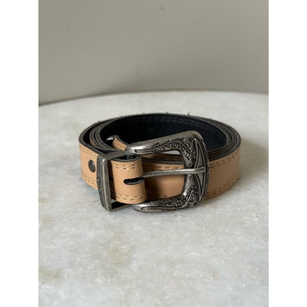 Women’s Western Tan Faux Leather Belt with Silver Buckle Rodeo Boho Cowgirl 30”